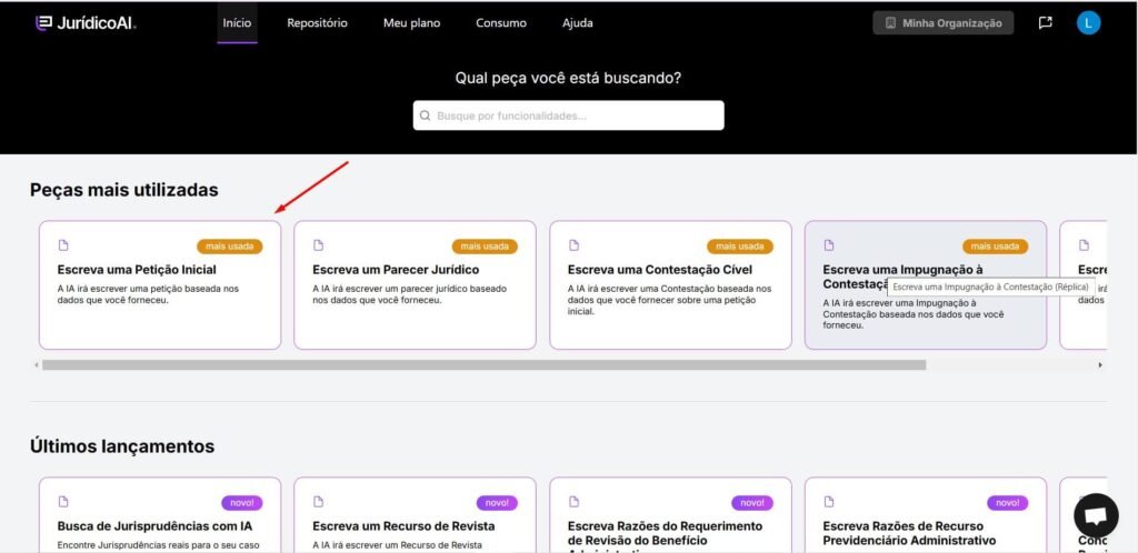 selecione a funcionalidade de escreva a sua petição inicial