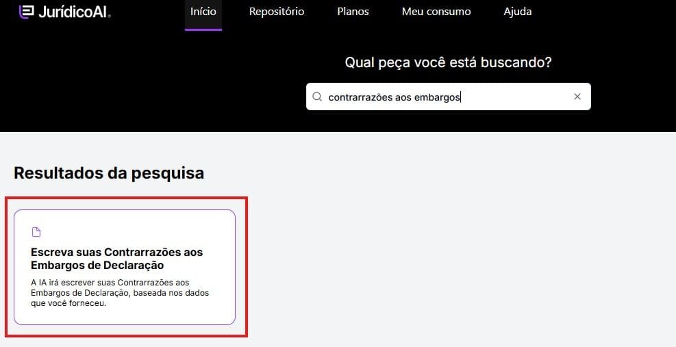 Tela de seleção e pesquisa da peça de contrarrazões